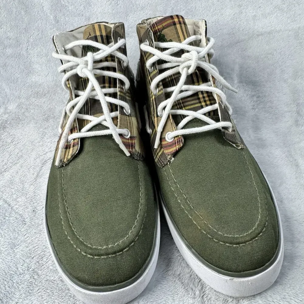 Polo Ralph Lauren Lander Chukka Canvas Madras Plaid Boat Shoes Olive Green 11D